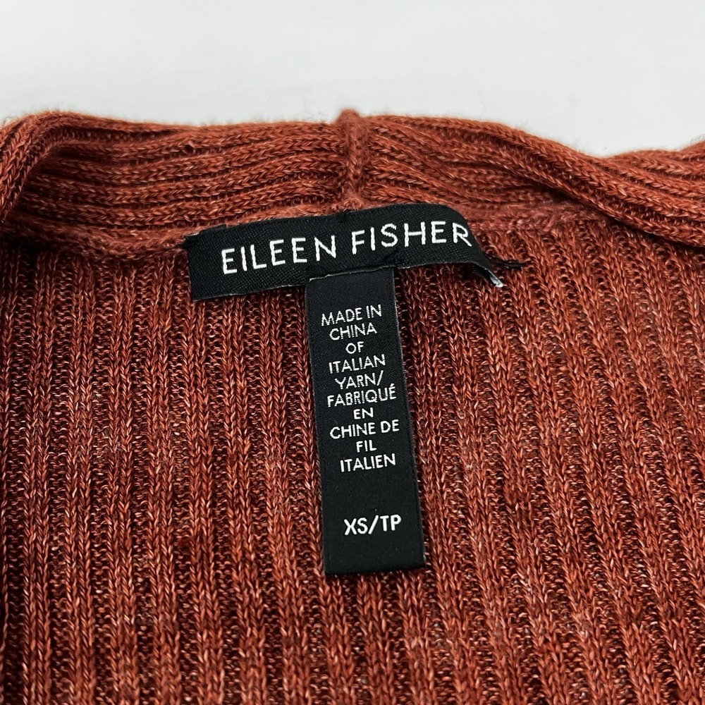 Eileen Fisher Organic Linen Ribbed Open Cardigan Rust Orange XS Pockets - Picture 6 of 8